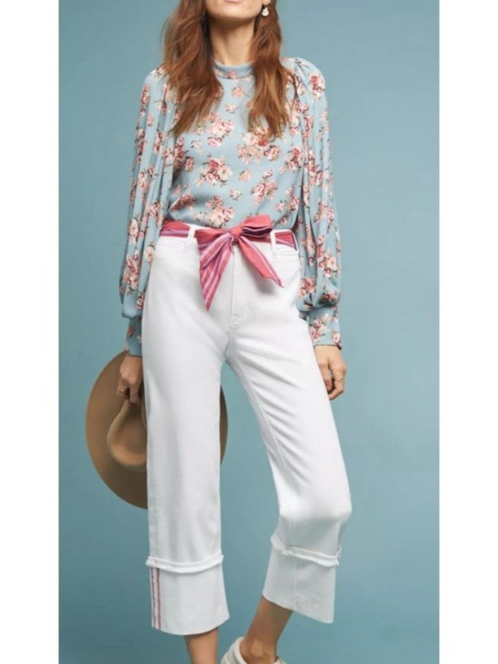 Pilcro White High Rise Cropped Wide Leg Denim Pants Sz 27 Red Stitching Cuffed